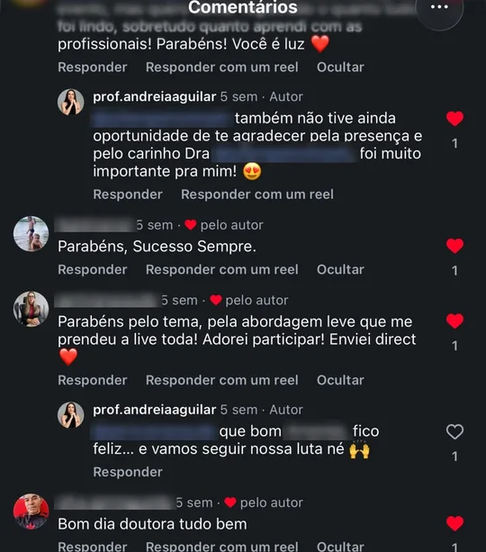 Comentários no Instagram elogiando a live da Dra. Andreia Aguilar