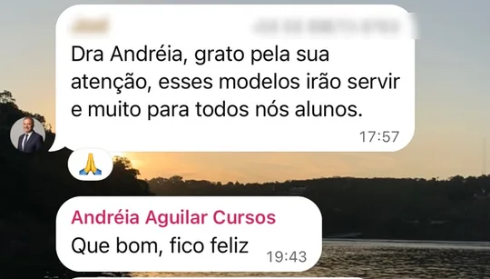 Mensagem de aluno agradecendo pelos modelos