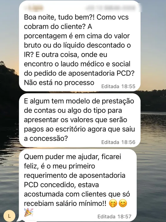 Mensagem de aluna sobre o primeiro requerimento de aposentadoria PCD concedido