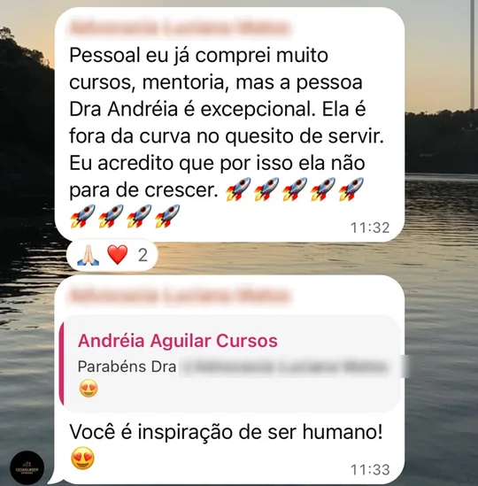 Mensagem de aluna elogiando a Dra. Andreia Aguilar
